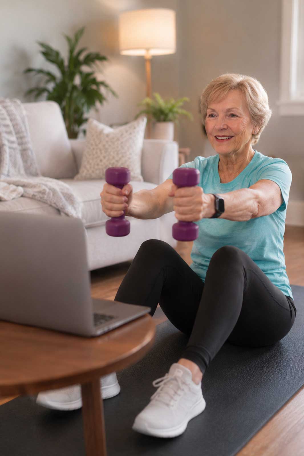 Graceful Aging trainer assisting an older adult with a seated overhead dumbbell exercise at home